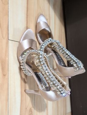Badgley Mischka Satin Crystal-Embellished Peep-Toe Heels in Blush Gold